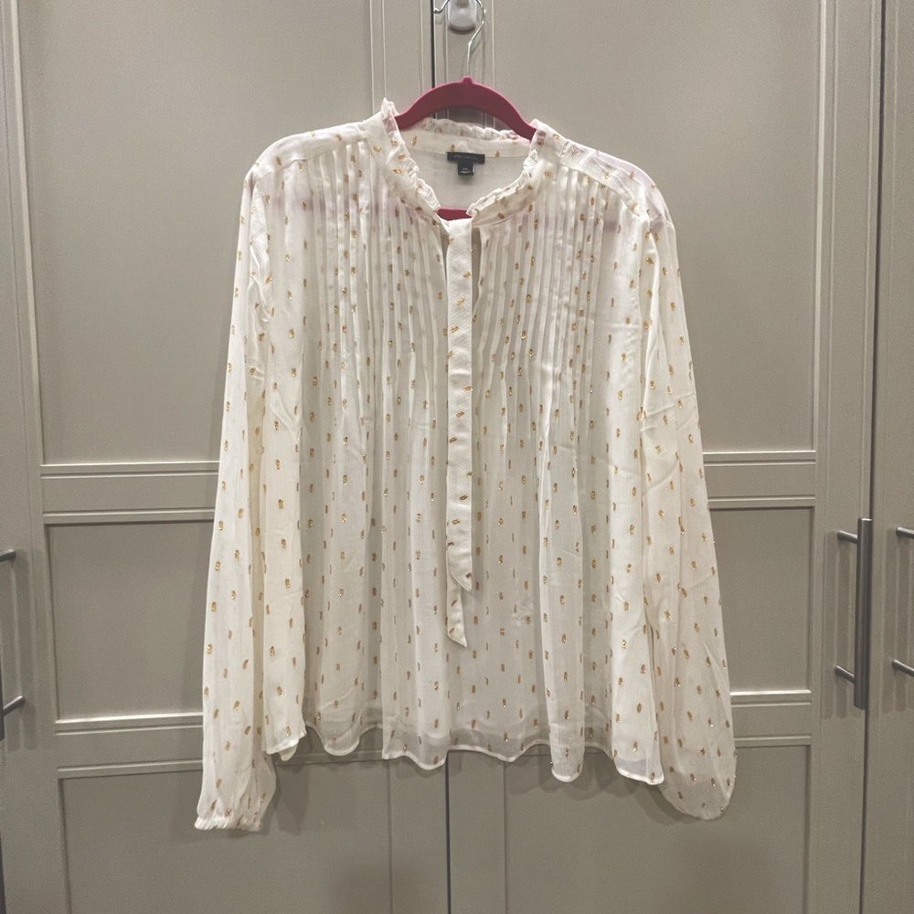 Ann Taylor gold shimmer clip dot and ivory tie neck long sleeve blouse sz xxl
